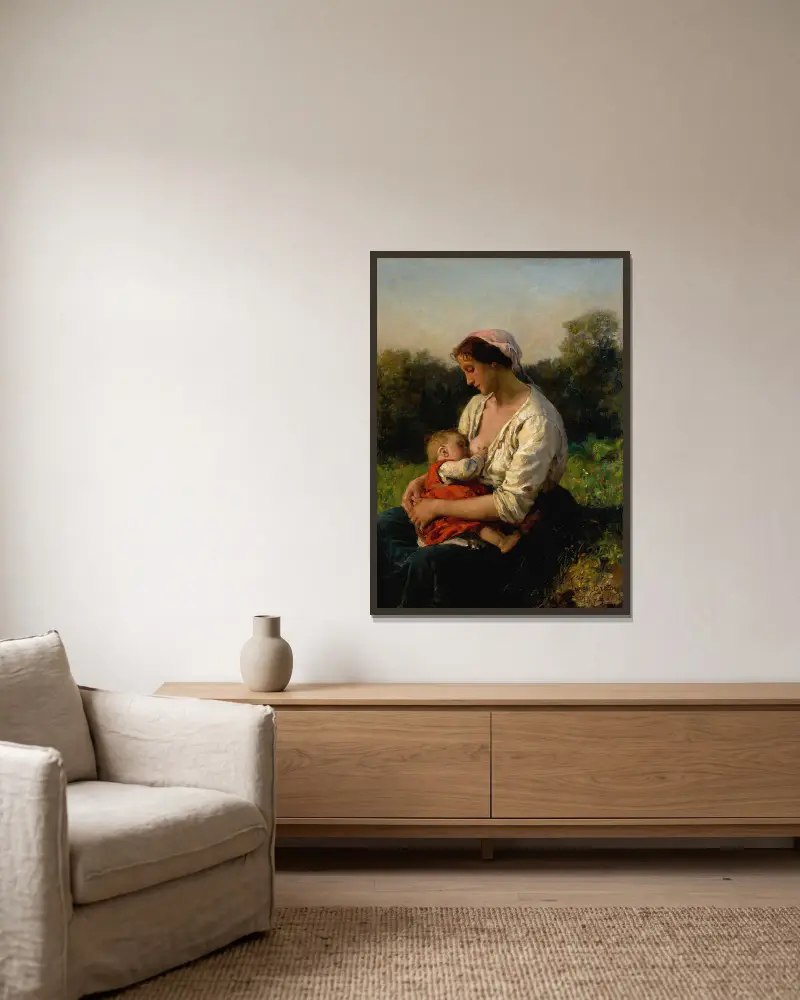 Ung mor som ammar sitt barn av Jules Breton inramad på en vägg