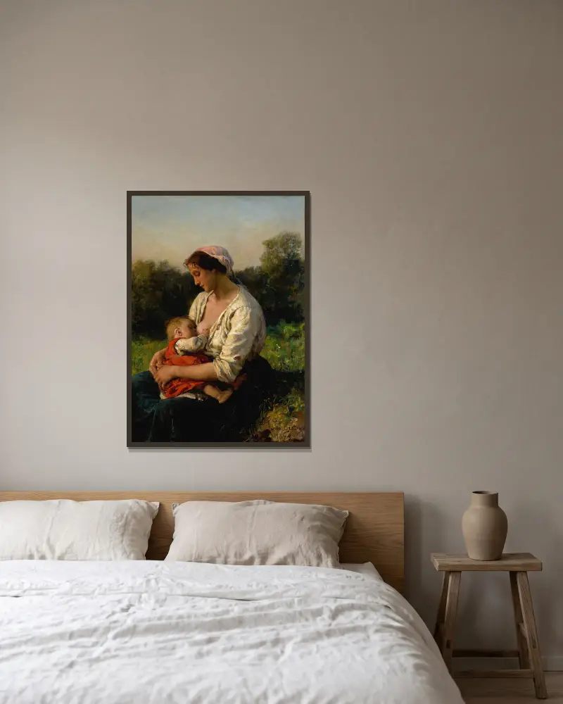 Ung mor som ammar sitt barn av Jules Breton inramad på en vägg