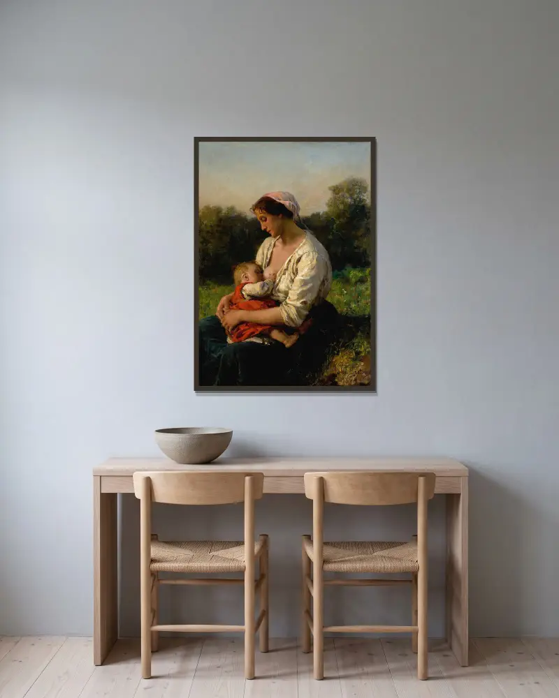 Ung mor som ammar sitt barn av Jules Breton inramad på en vägg