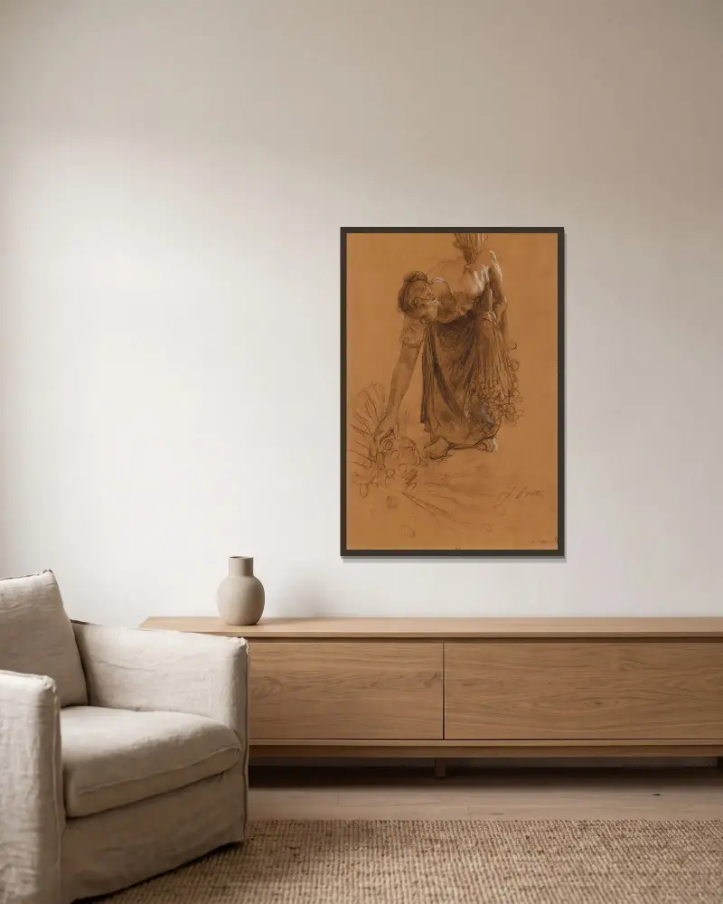 Bäuerin beim Sammeln eines Nelkenbündels von Jules Breton gerahmt an einer Wand