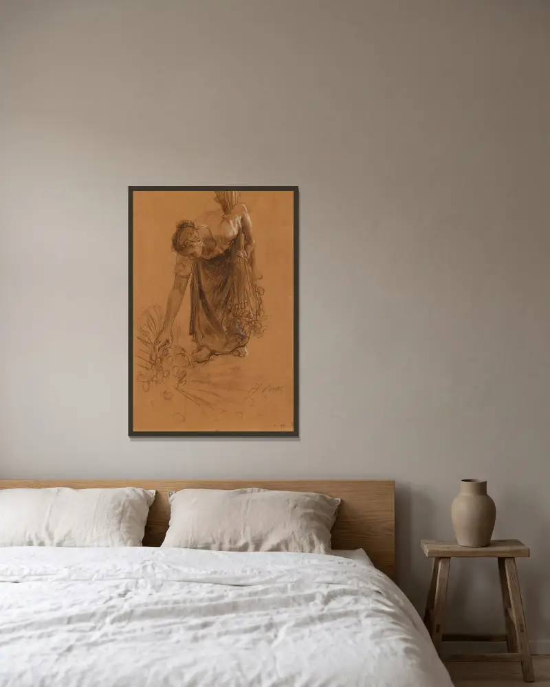 Bäuerin beim Sammeln eines Nelkenbündels von Jules Breton gerahmt an einer Wand