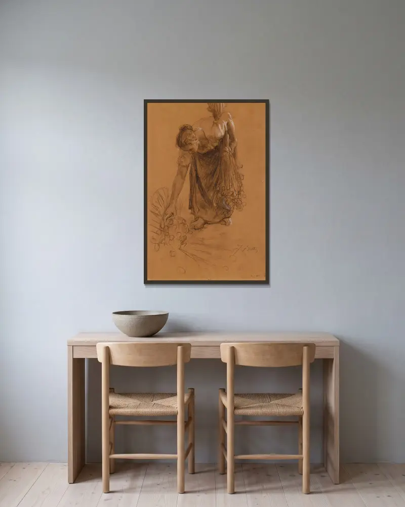 Bäuerin beim Sammeln eines Nelkenbündels von Jules Breton gerahmt an einer Wand
