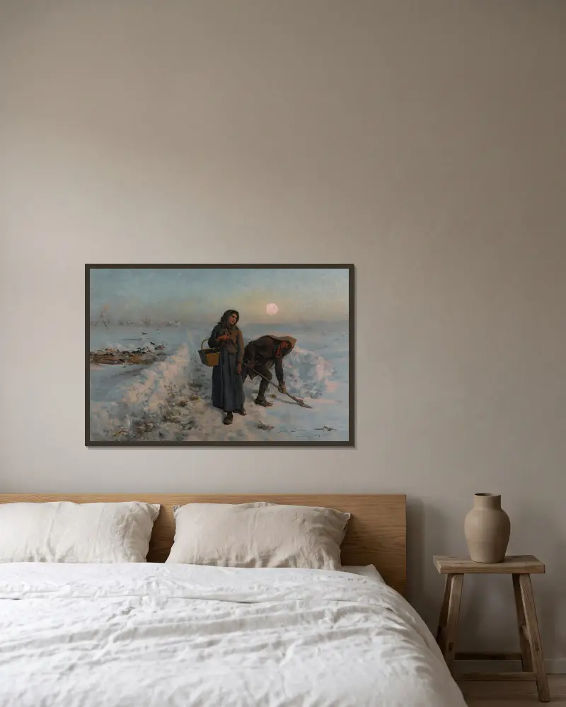 På vägen på vintern; Artois av Jules Breton inramad på en vägg