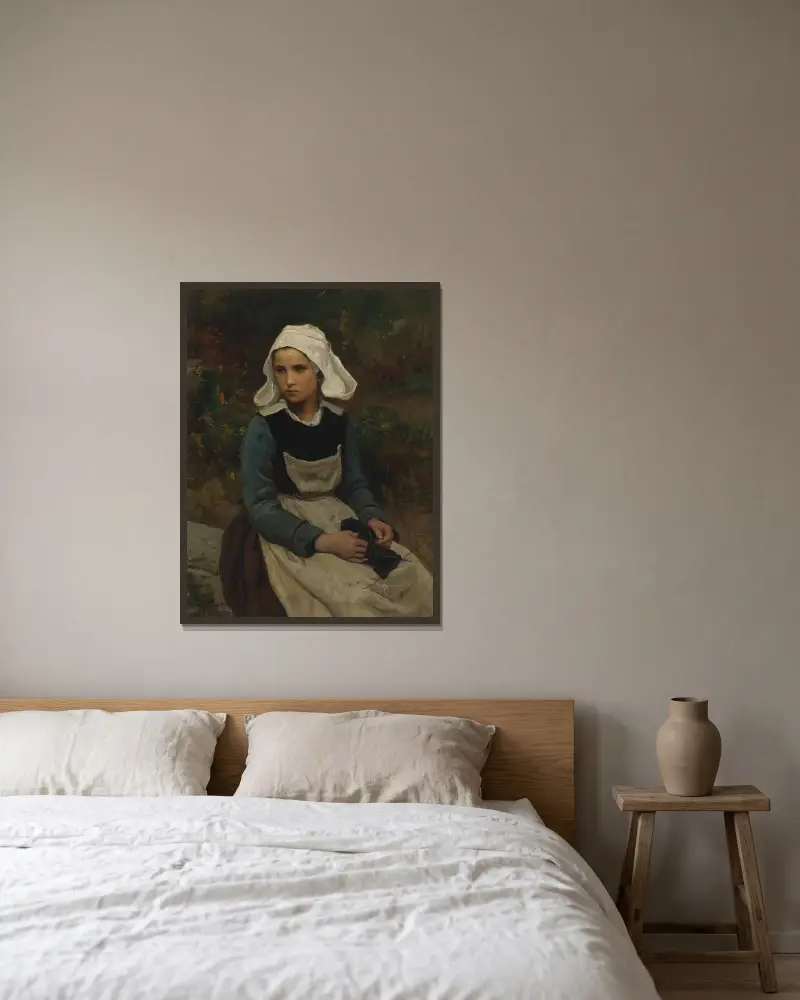 Ung bretonsk flicka som stickar av Jules Breton inramad på en vägg