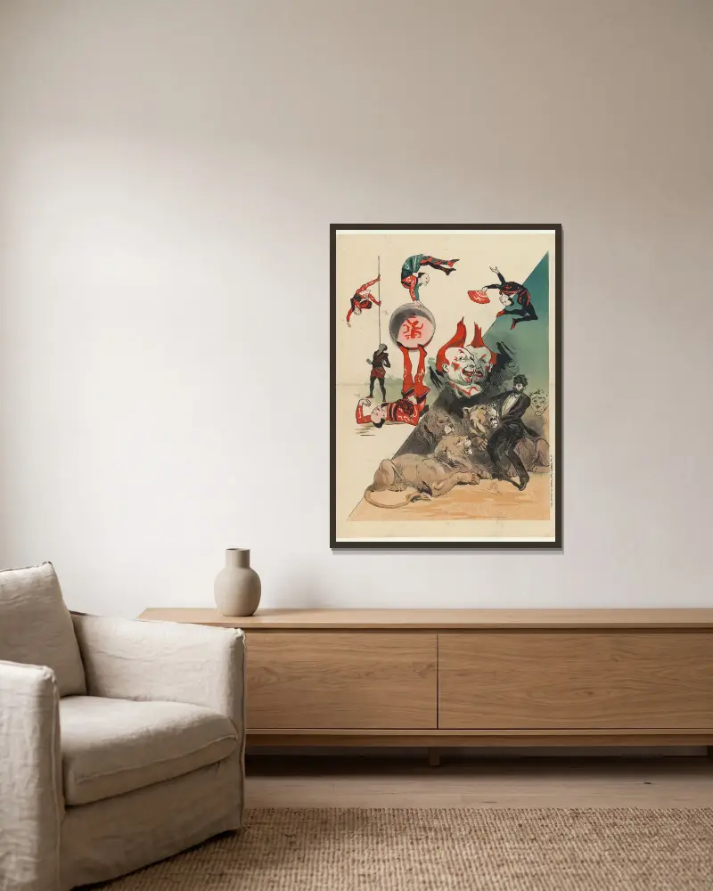 Hippodrom – japanische Akrobaten, Clowns und Dompteur von Jules Chéret gerahmt an einer Wand