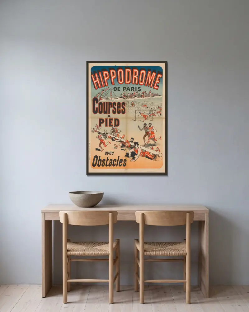 Hippodrome de Paris. Löpning med hinder av Jules Chéret inramad på en vägg