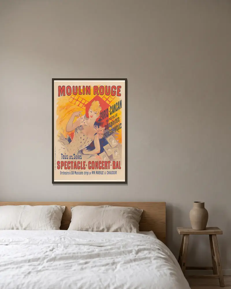 Moulin rouge. Paris-Cancan, par toutes célébrités chorégraphiques. Toutes les soirs, spectacle, concert, bal av Jules Chéret inramad på en vägg