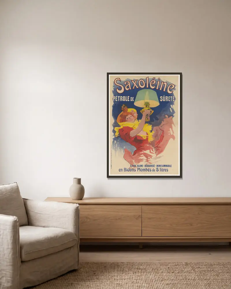Saxoléine pétrole de sûreté. Extra blanc. Déodorisé. Ininflammable av Jules Chéret inramad på en vägg