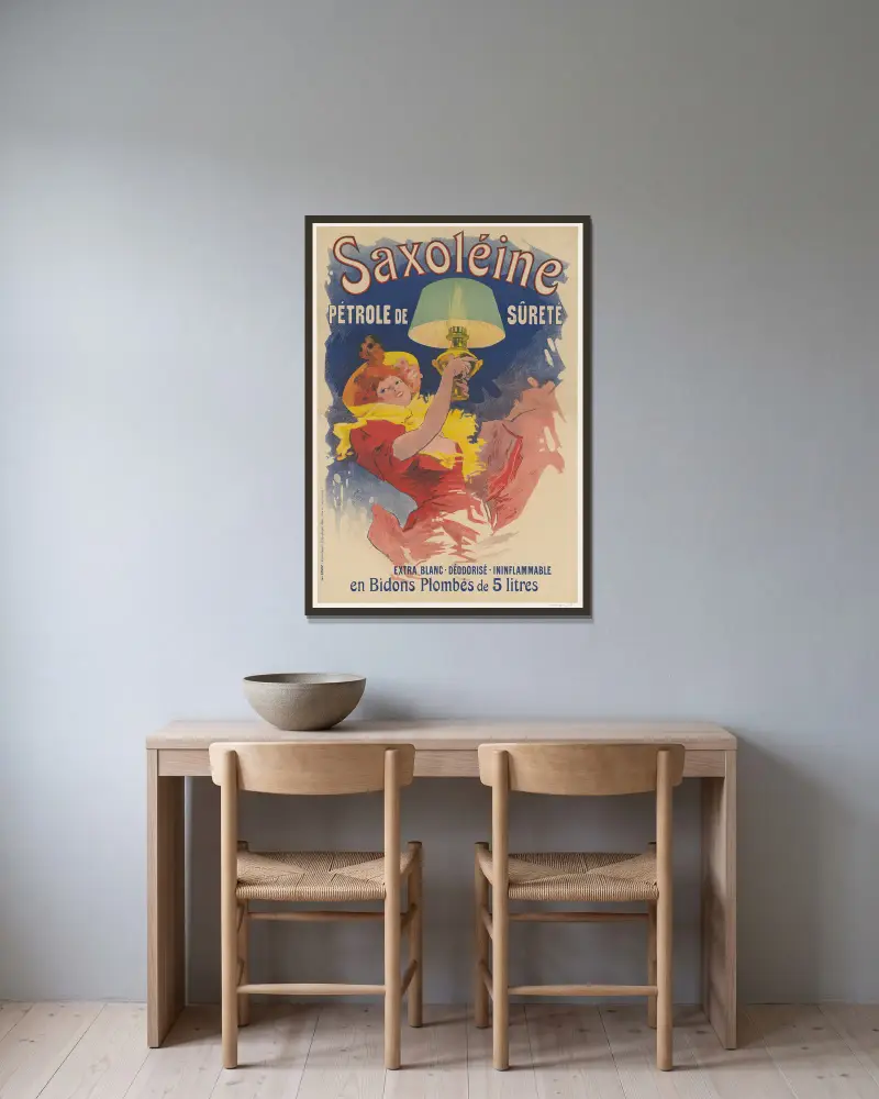 Saxoléine pétrole de sûreté. Extra blanc. Déodorisé. Ininflammable av Jules Chéret inramad på en vägg
