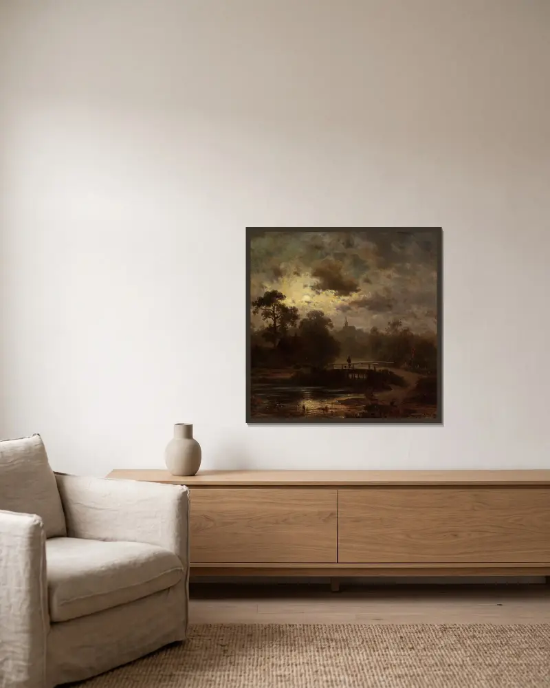 Landschaft im Mondschein von Jules Dupré gerahmt an einer Wand