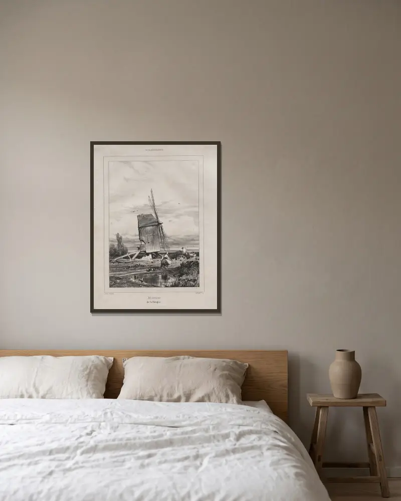 Kvarn i Sologne, Frankrike av Jules Dupré inramad på en vägg