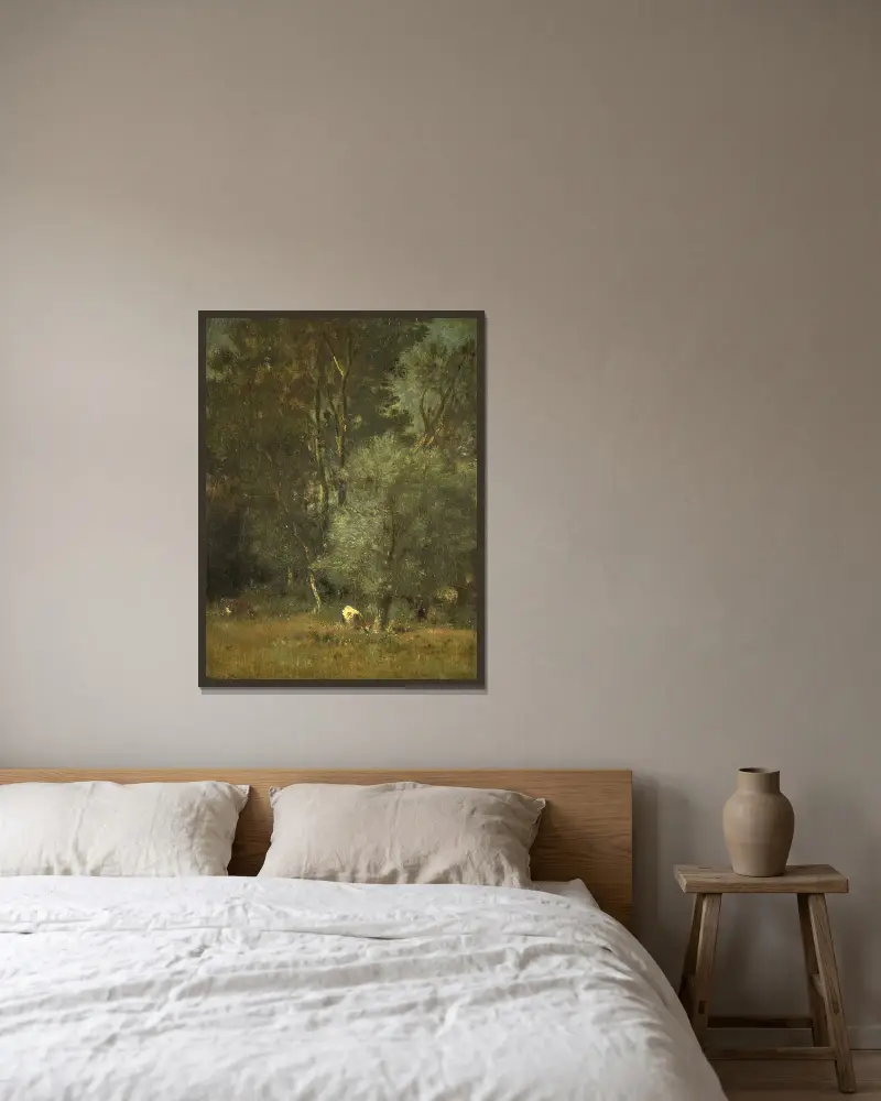 Waldansicht von Jules Dupré gerahmt an einer Wand