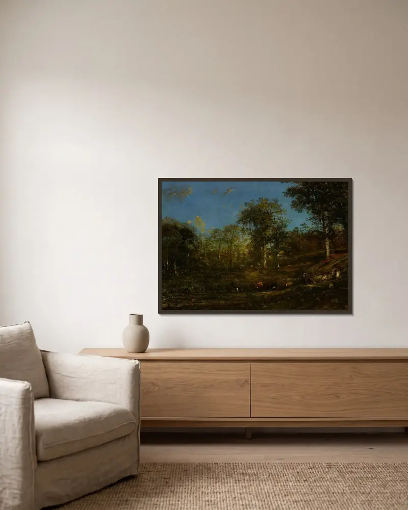 Blick auf die Weiden des Limousin (Frankreich) von Jules Dupré gerahmt an einer Wand