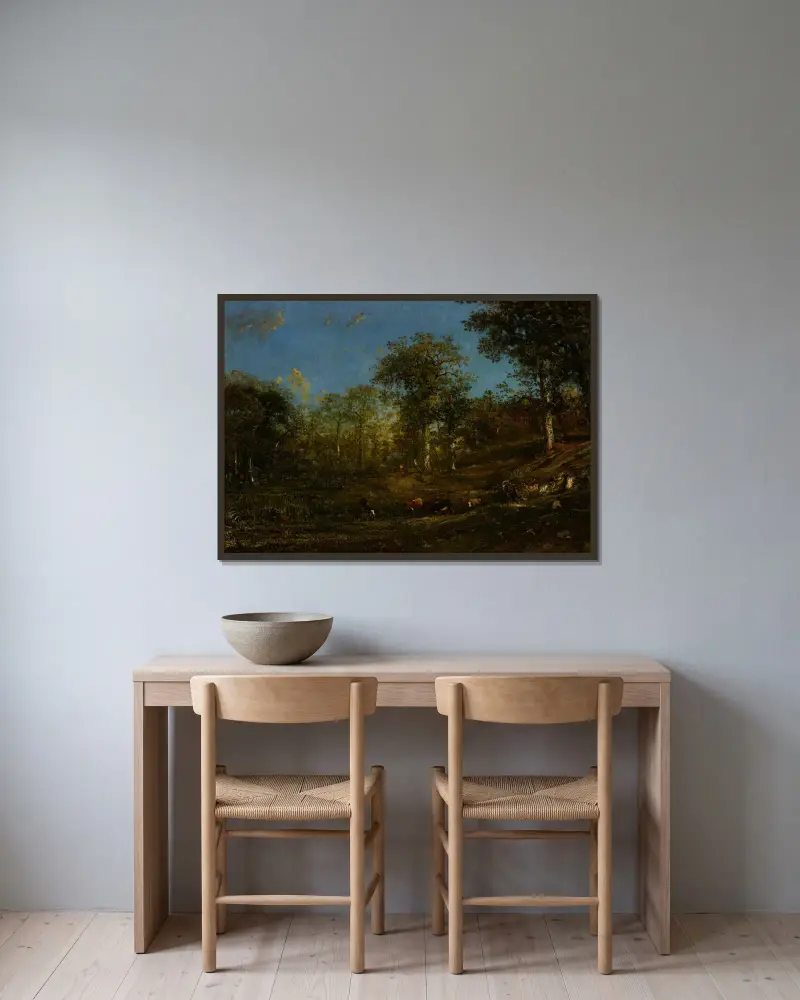 Blick auf die Weiden des Limousin (Frankreich) von Jules Dupré gerahmt an einer Wand