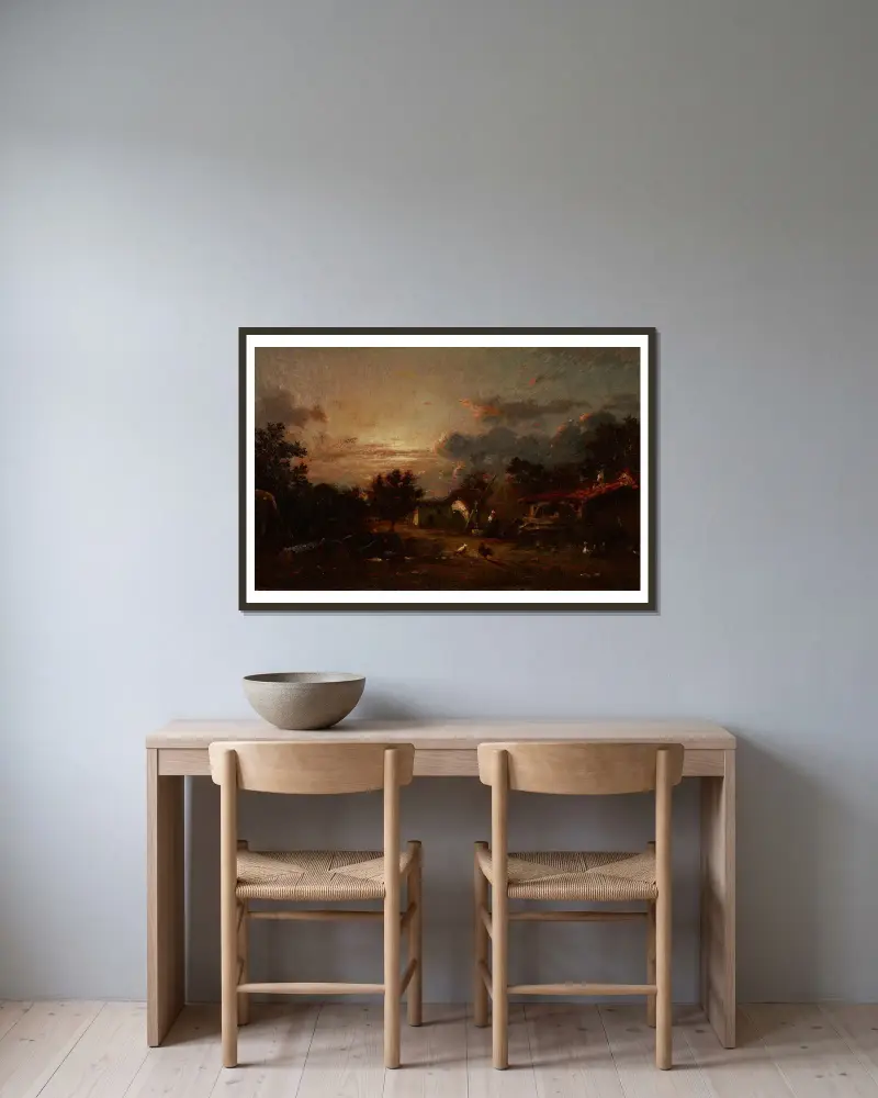 Dorfansicht bei Sonnenuntergang von Jules Dupré gerahmt an einer Wand