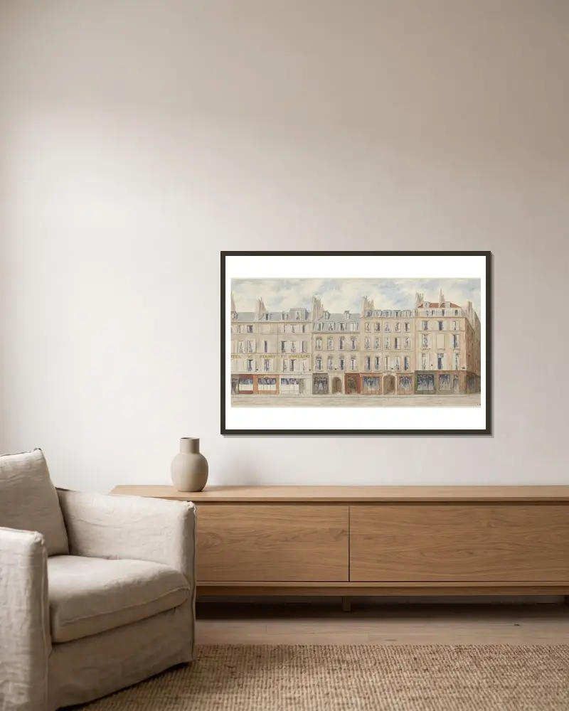 Rue d'Orléans-Saint-Honoré Nr. 11 bis 19 (beseitigt durch den Durchbruch der Rue du Louvre) von Jules Gaildrau gerahmt an einer Wand