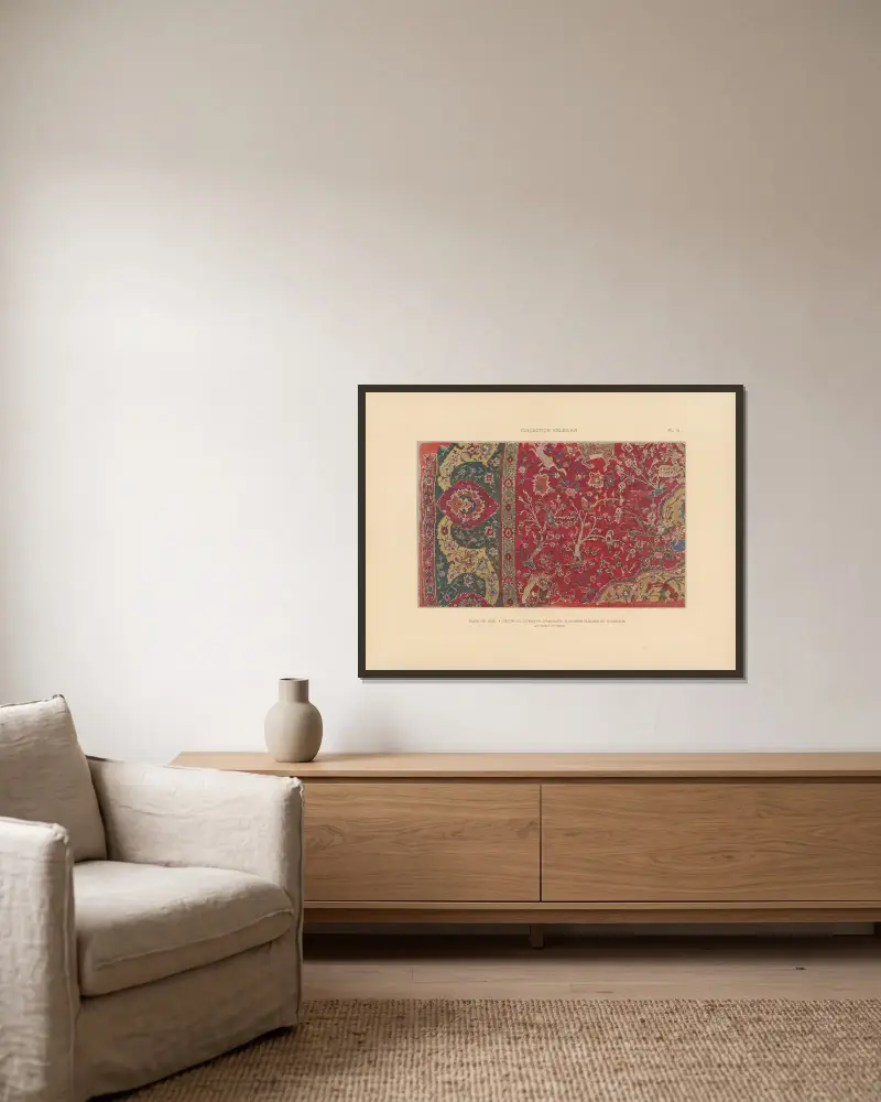 Die Sammlung Kelekian; Stoffe und Teppiche aus dem Orient und Venedig, Tafel 005 von Jules Guiffrey gerahmt an einer Wand