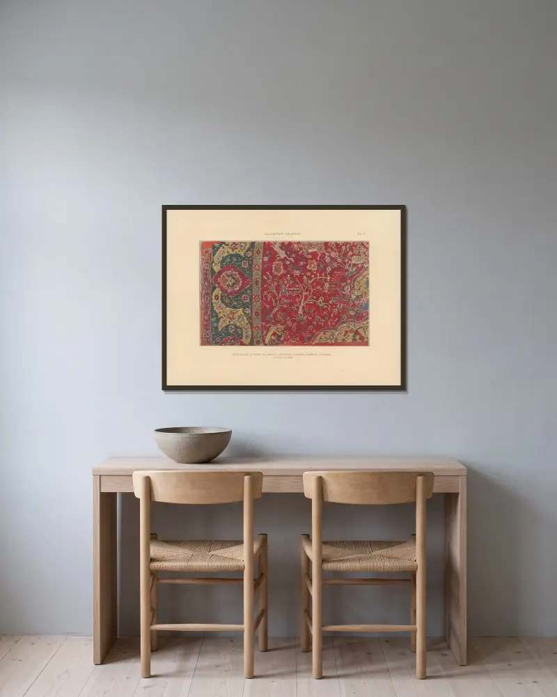 Die Sammlung Kelekian; Stoffe und Teppiche aus dem Orient und Venedig, Tafel 005 von Jules Guiffrey gerahmt an einer Wand