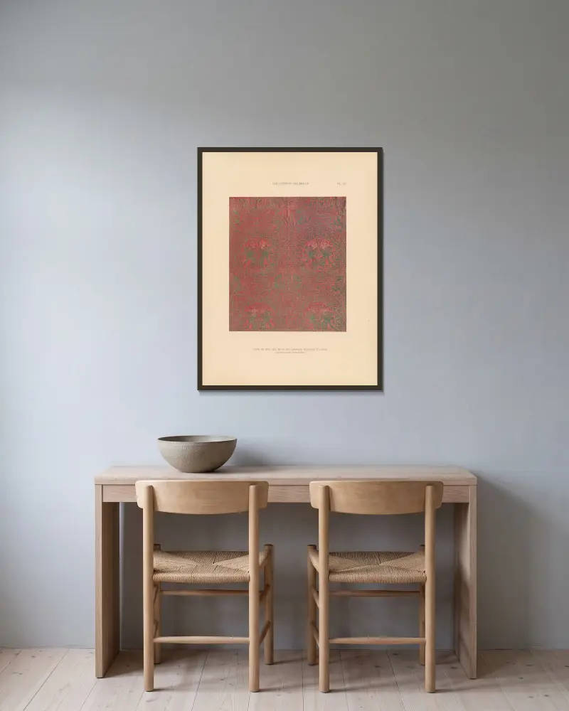 Aus der Sammlung Kelekian: Orientalische und venezianische Stoffe und Teppiche, Tafel 22 von Jules Guiffrey gerahmt an einer Wand