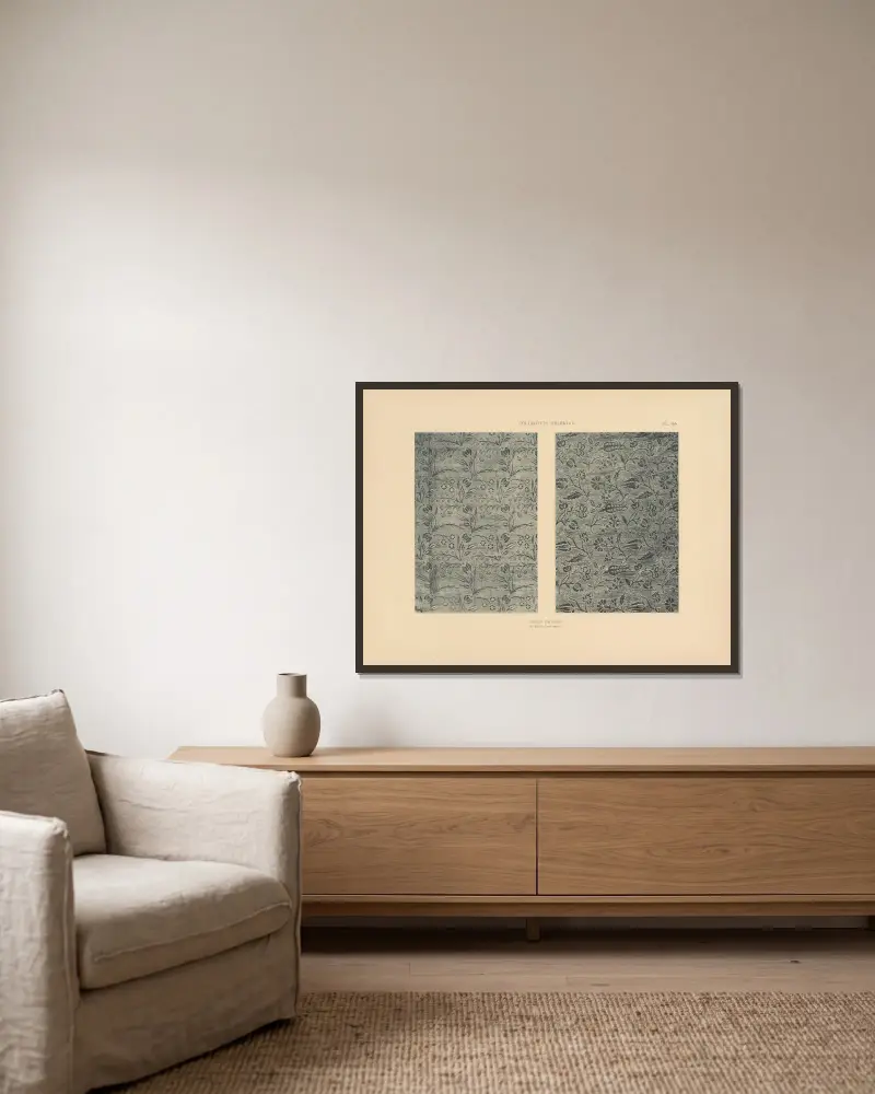 Die Sammlung Kelekian; Stoffe & Teppiche des Orients & Venedigs Taf. 034 von Jules Guiffrey gerahmt an einer Wand
