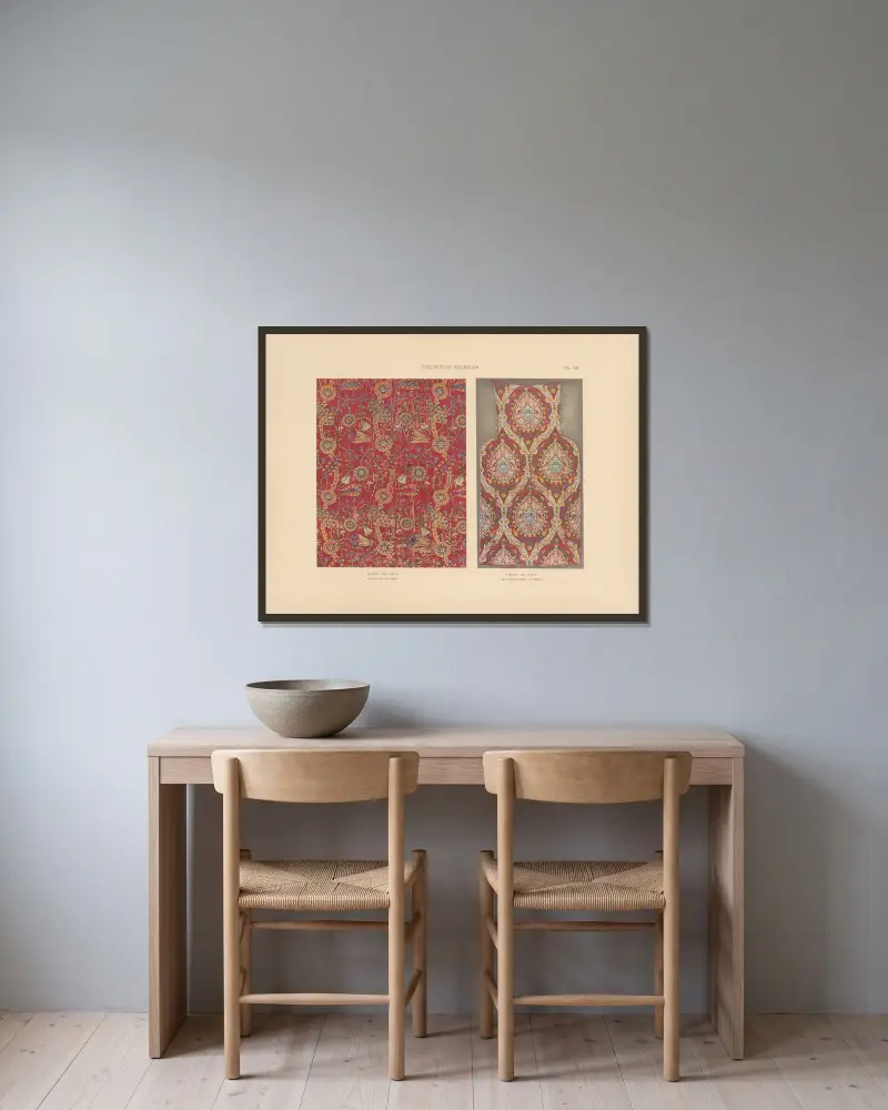 Kelekians Sammlung; Stoffe und Teppiche aus dem Orient und Venedig, Tafel 42 von Jules Guiffrey gerahmt an einer Wand