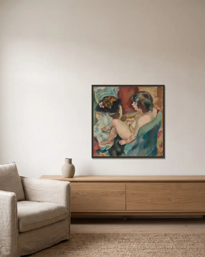 Kvinna med hund av Jules Pascin inramad på en vägg