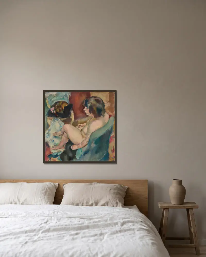Kvinna med hund av Jules Pascin inramad på en vägg