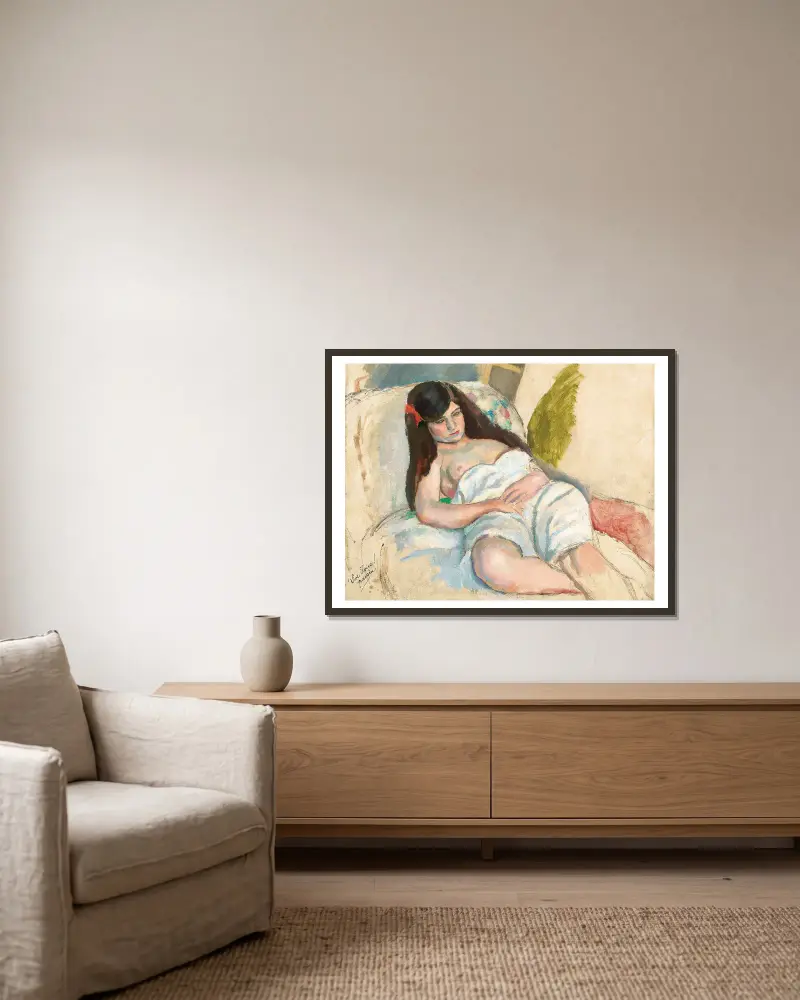 Liggande kvinna av Jules Pascin inramad på en vägg