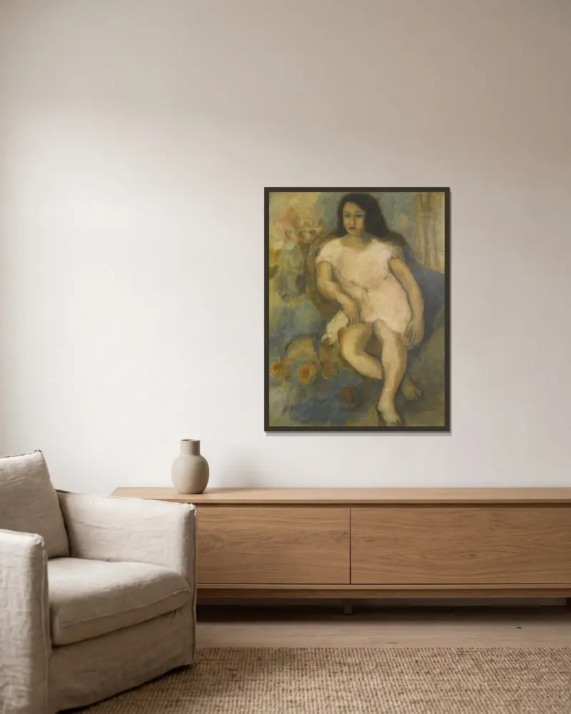 Sittande ung kvinna av Jules Pascin inramad på en vägg