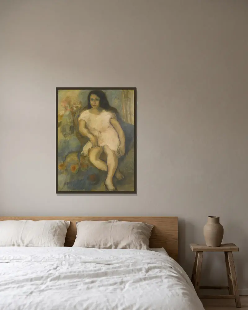 Sittande ung kvinna av Jules Pascin inramad på en vägg