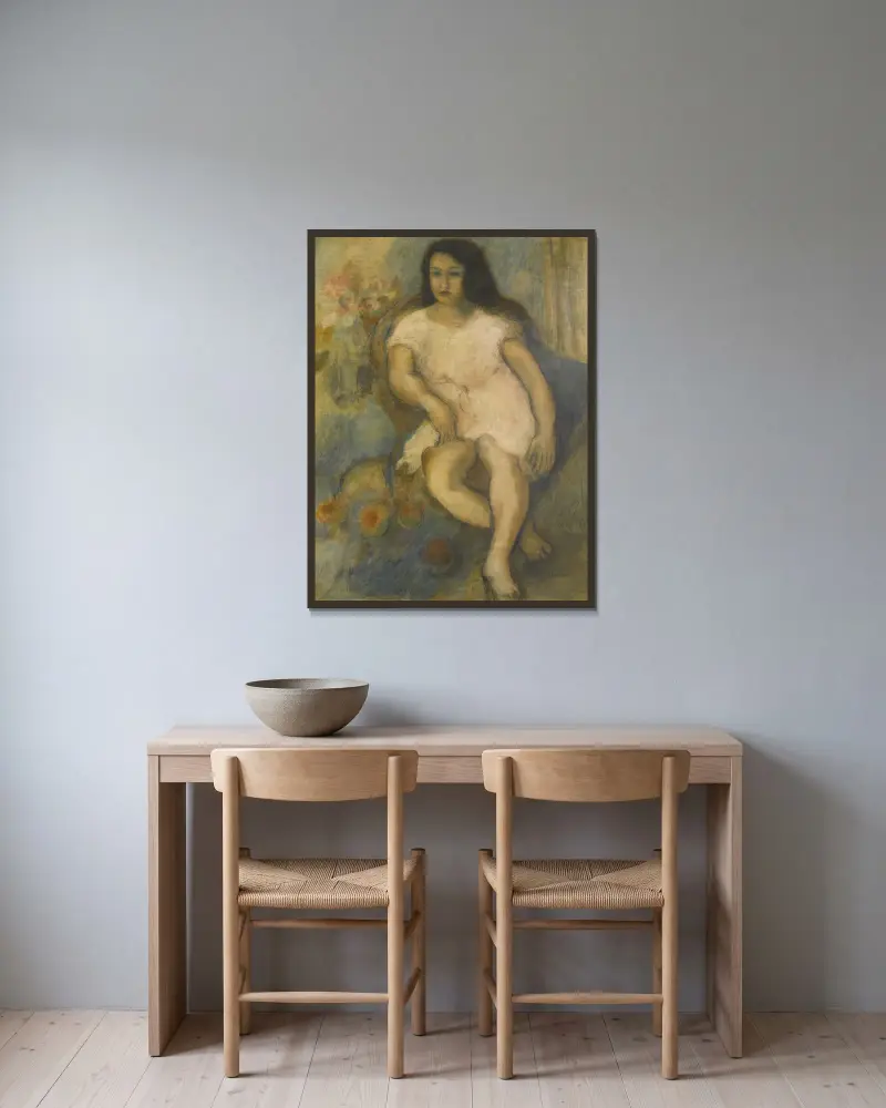 Sittande ung kvinna av Jules Pascin inramad på en vägg