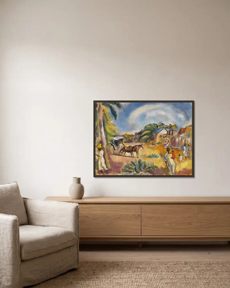 Landschaft mit Figuren und Wagen von Jules Pascin gerahmt an einer Wand