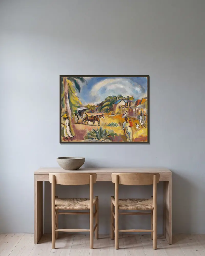 Landschaft mit Figuren und Wagen von Jules Pascin gerahmt an einer Wand