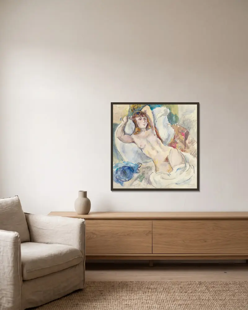 Nu sur un divan av Jules Pascin inramad på en vägg