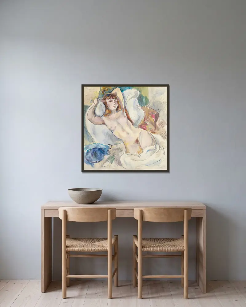 Nu sur un divan av Jules Pascin inramad på en vägg
