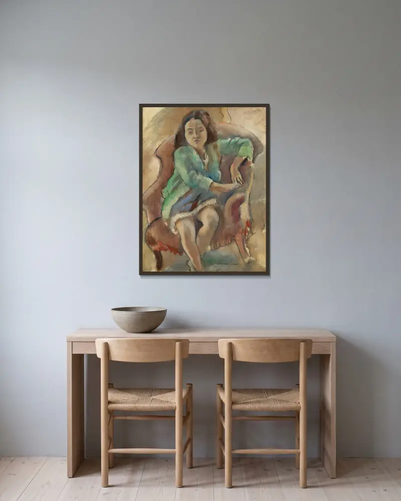 Simone D’alal (Jeune Fille Dans Une Bergère) av Jules Pascin inramad på en vägg