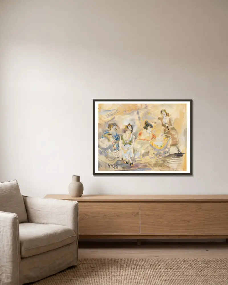 Kvinna med barnvagn av Jules Pascin inramad på en vägg