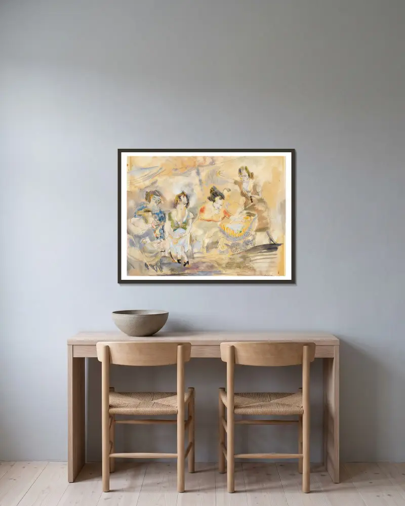 Kvinna med barnvagn av Jules Pascin inramad på en vägg