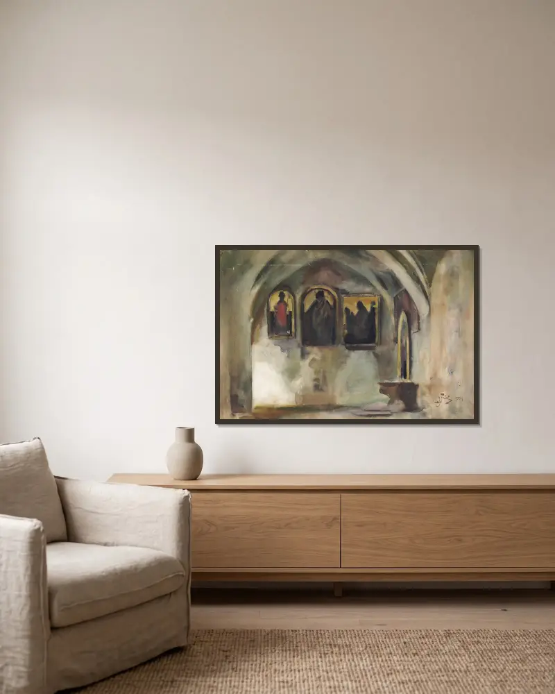 Franciskankyrkans kloster i Kraków av Julian Falat inramad på en vägg