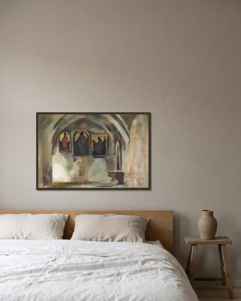 Franciskankyrkans kloster i Kraków av Julian Falat inramad på en vägg