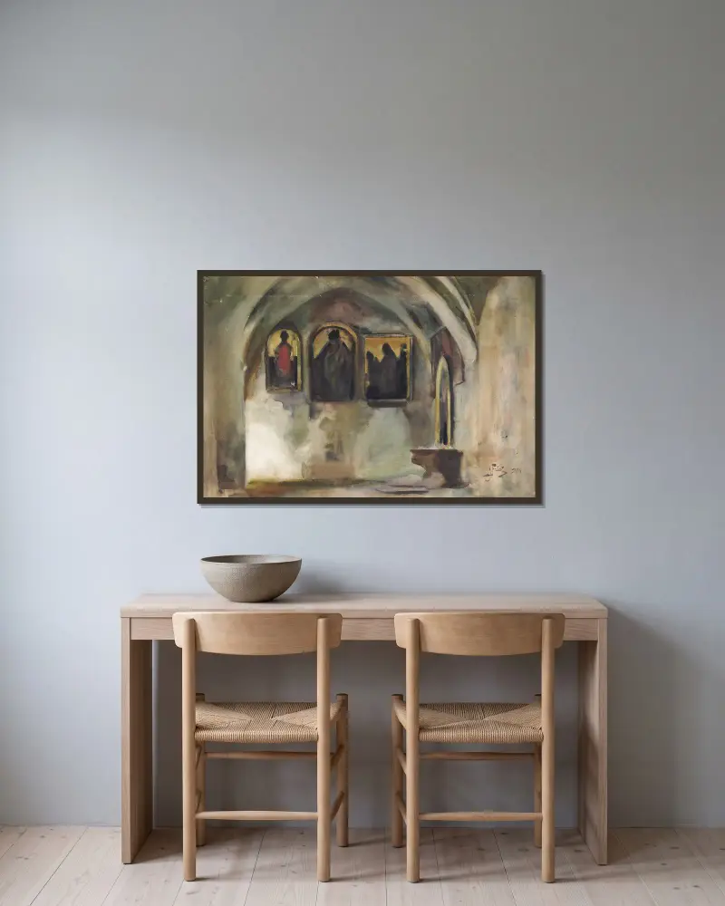 Franciskankyrkans kloster i Kraków av Julian Falat inramad på en vägg