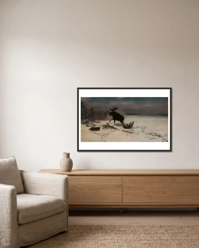 Elk fighting the wolves av Julian Falat inramad på en vägg