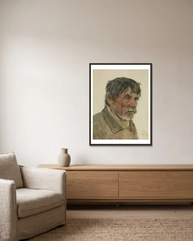 Kopf eines Bauern aus Samogitien von Julian Falat gerahmt an einer Wand