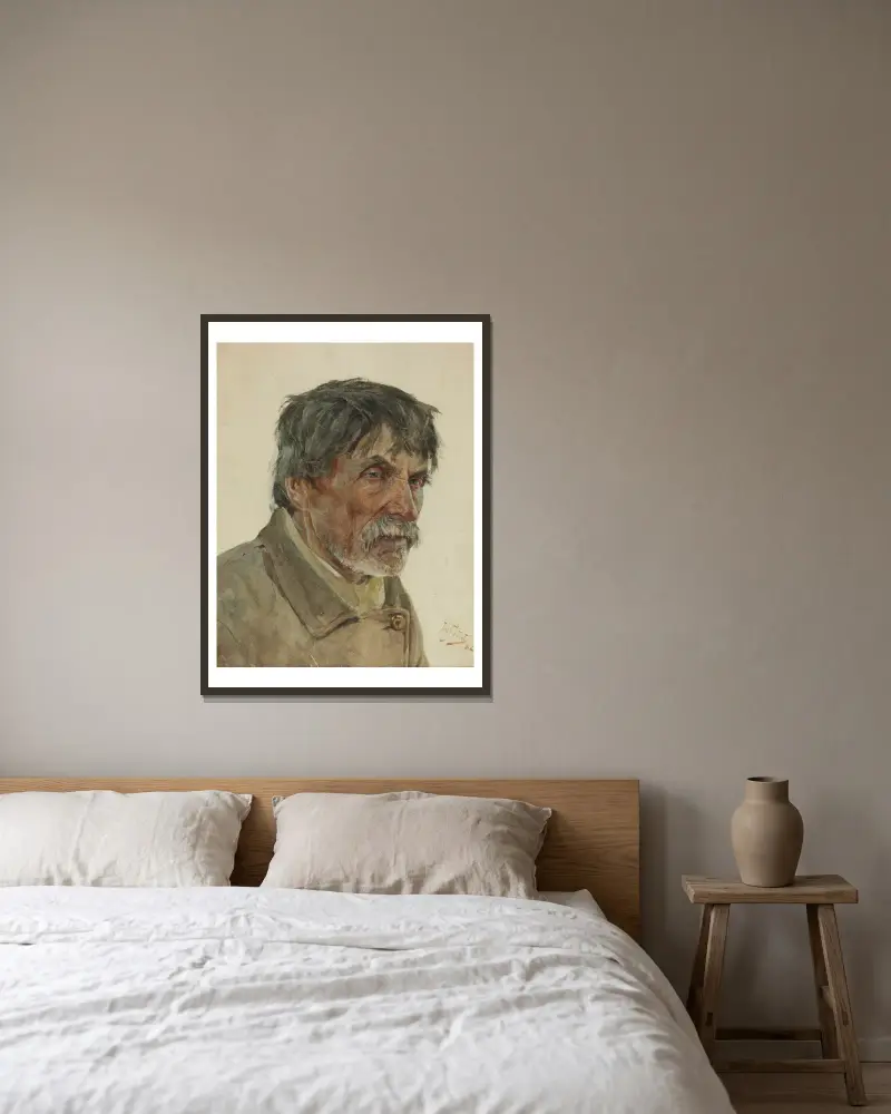Kopf eines Bauern aus Samogitien von Julian Falat gerahmt an einer Wand