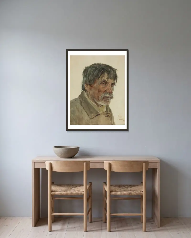 Kopf eines Bauern aus Samogitien von Julian Falat gerahmt an einer Wand