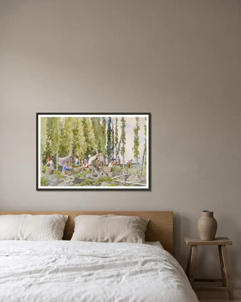 Hopfenpflücken von Julian Falat gerahmt an einer Wand