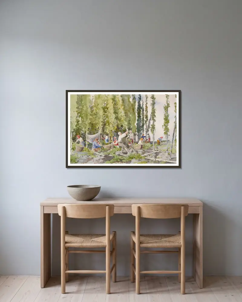 Hopfenpflücken von Julian Falat gerahmt an einer Wand