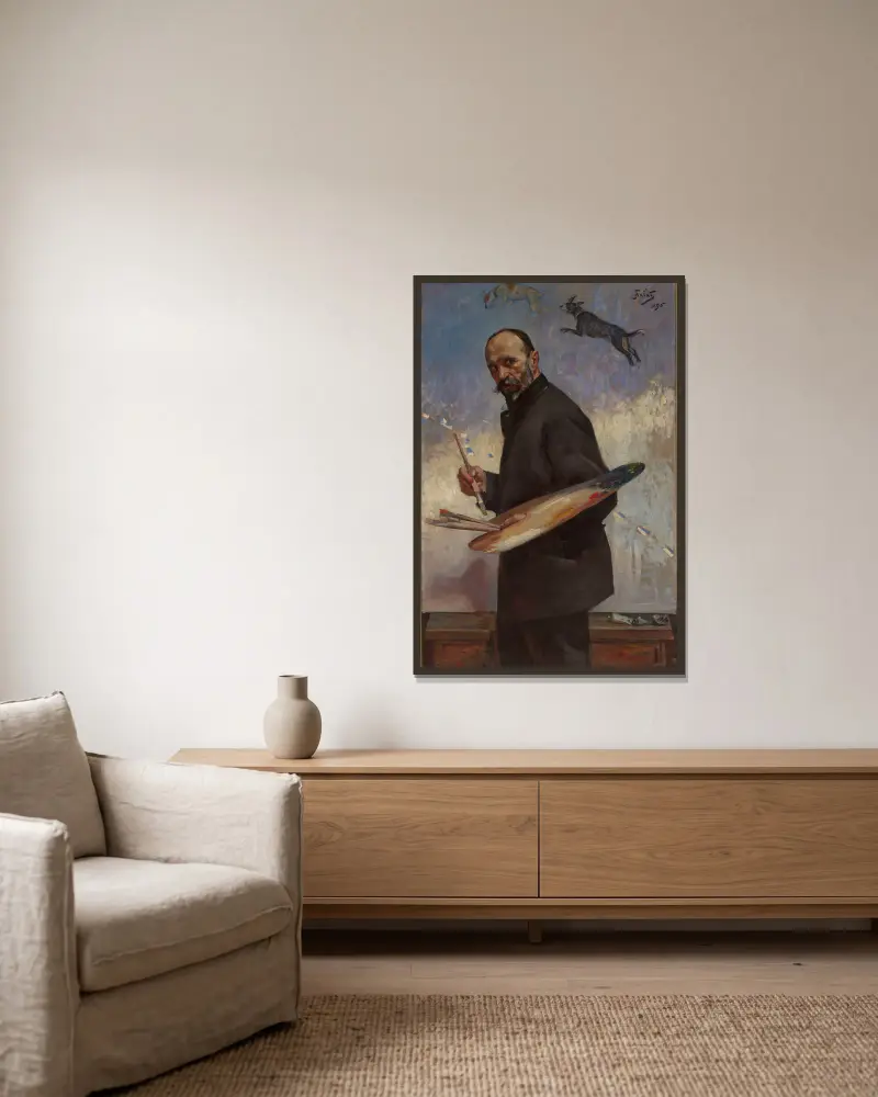 Selbstporträt von Julian Falat gerahmt an einer Wand
