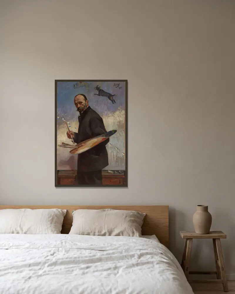 Selbstporträt von Julian Falat gerahmt an einer Wand
