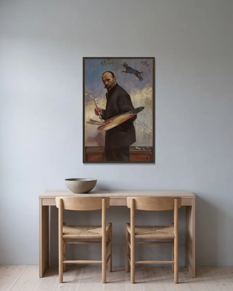 Selbstporträt von Julian Falat gerahmt an einer Wand